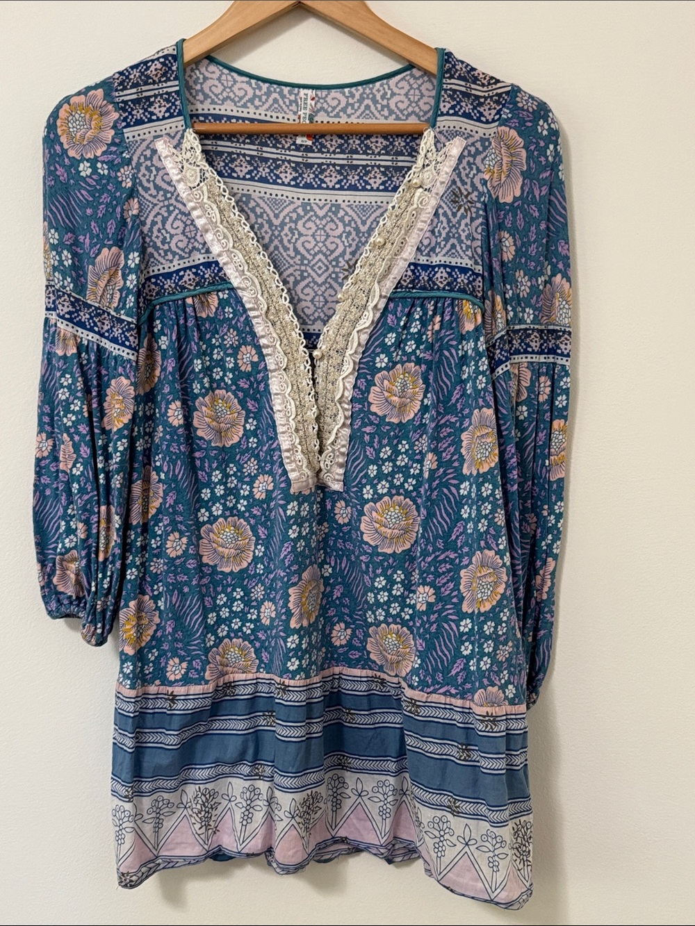 Free People Teal Floral Lace-Trim Boho Tunic